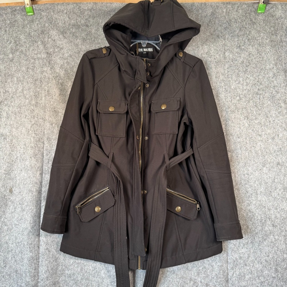 Steve Madden Parka Coat Black Faux Fur Hood Long Winter Jacket Womens M Crest
